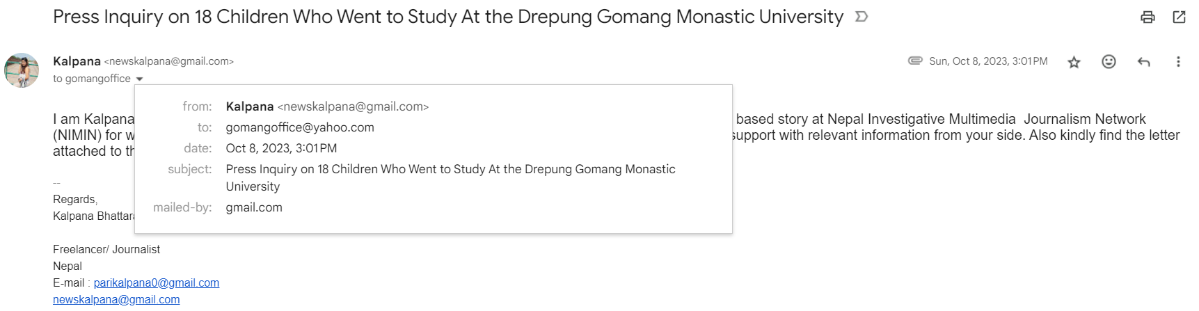 Screenshot of email sent to Drepung Gomang Monastery. Image: NIMJN