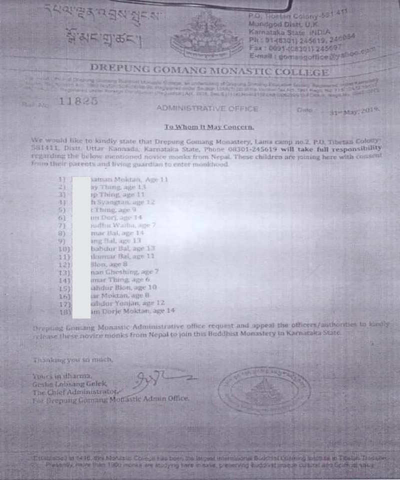 Letter sent from the Karnataka's Gumba to the Indian Police. Image: NIMJN