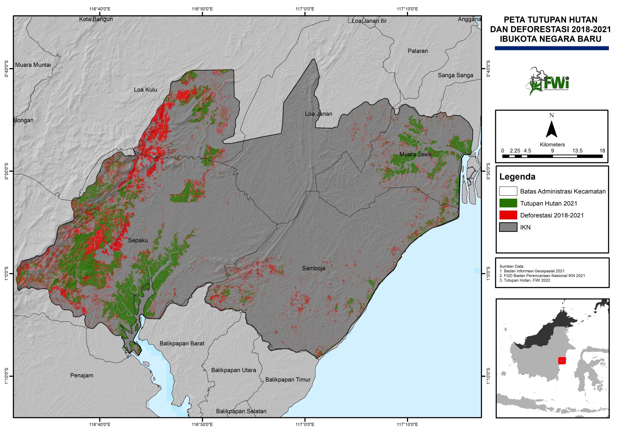 A map of forest cover and deforestation from 2018 to 2021 in the capital area. Graphic: Forest Watch Indonesia