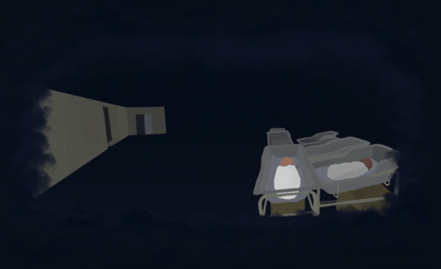 Illustrated gif of a mother in a darkened hospital room, watching a sillhouette walk away.