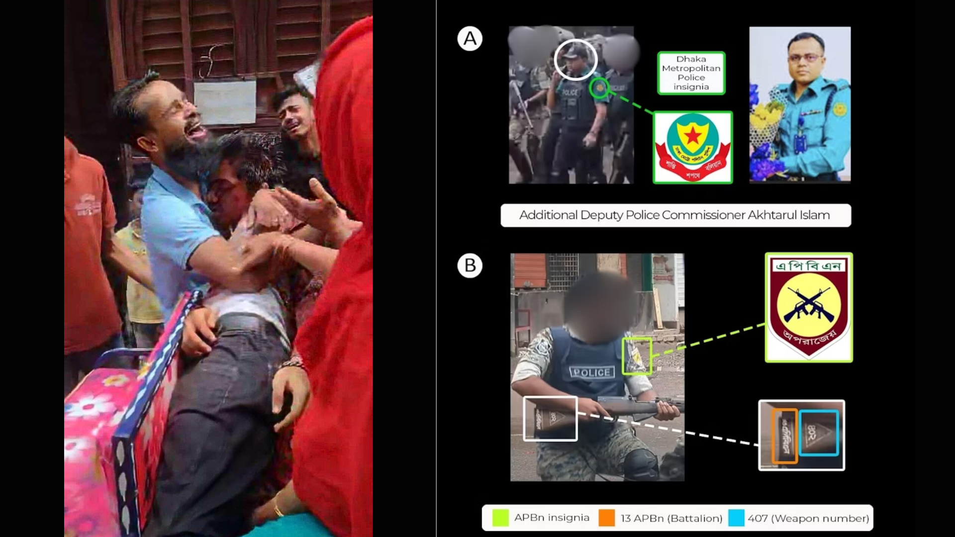 (Left) Shahria Khan Palash holds the body of his son Shahrirar Khan Anas. Photo courtesy: Shahria Khan Palash; (Right) CIR confirmed that Additional Deputy Police Commissioner Akhtarul Islam was present during the incident. Sources: upper left (A): Samakal News, bottom left (B): X. Graphics courtesy: CIR