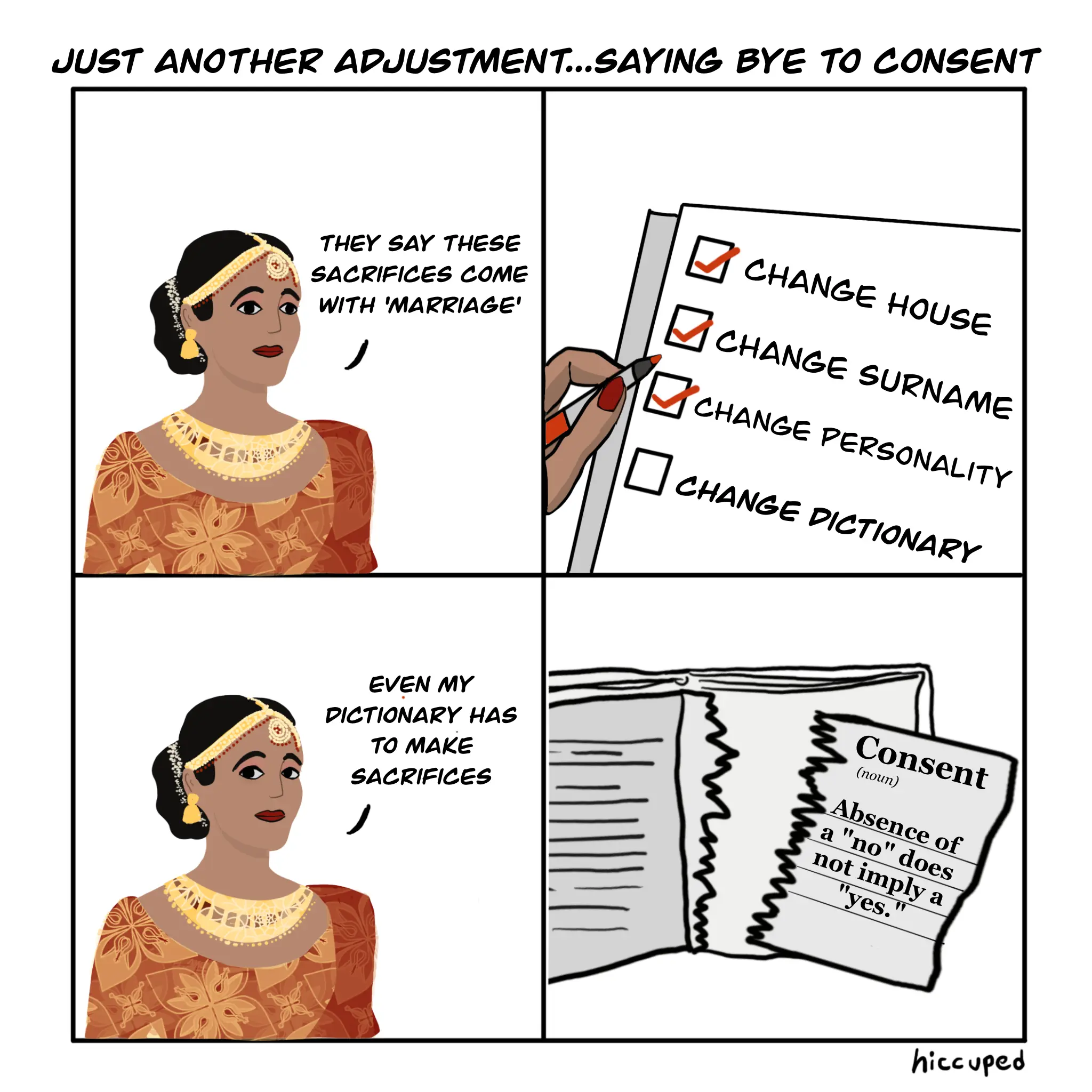 A four panelled cartoon where a bride reflects on the sacrifices that come with marriage, including changing her understanding of consent. Illustration: Sharanya Eshwar 