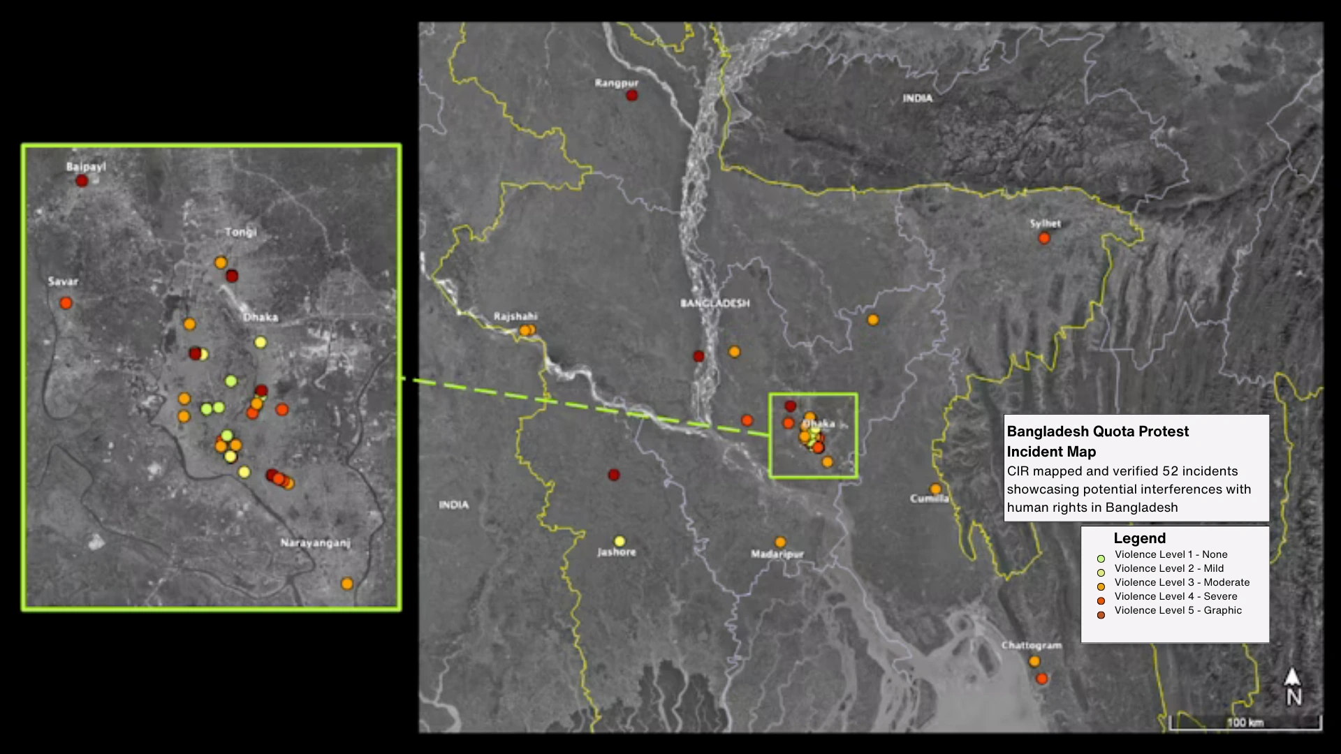 Centre for Information Resilience mapped and verified 52 incidents showcasing potential interferences with human rights in Bangladesh. The key on the right-hand side indicates the graphic level of footage and images collected. Graphics courtesy: CIR