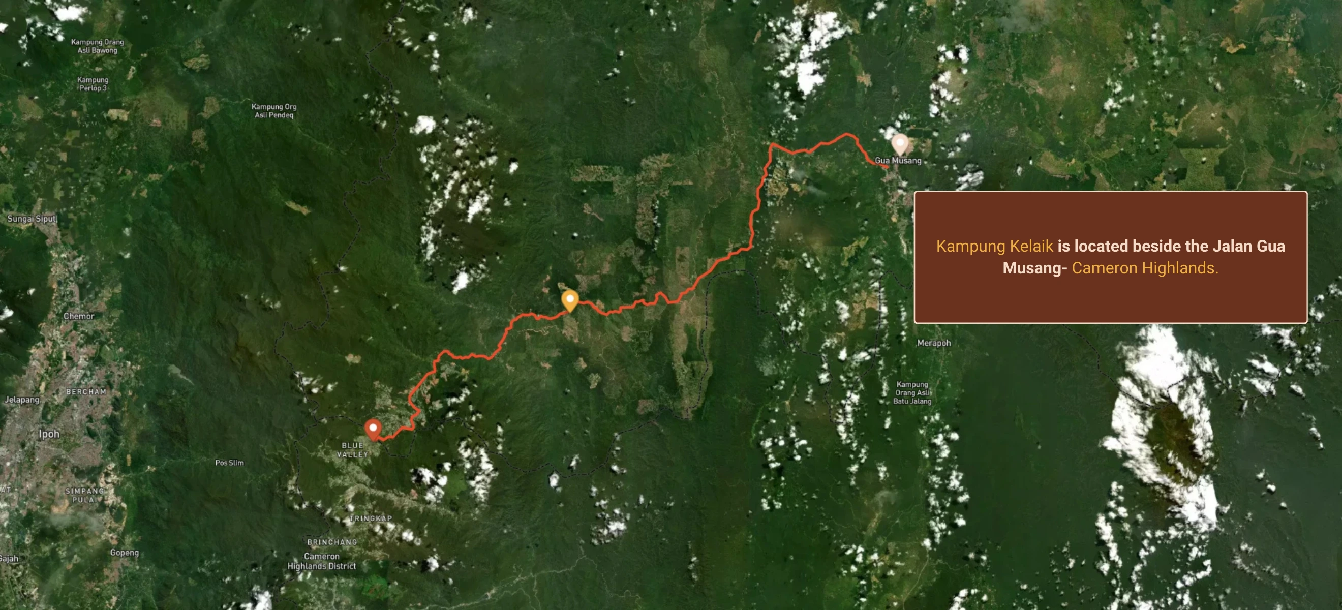 Kampung Kelaik is located beside the Jalan Gua Musang- Cameron Highlands. Graphic: Malaysiakini