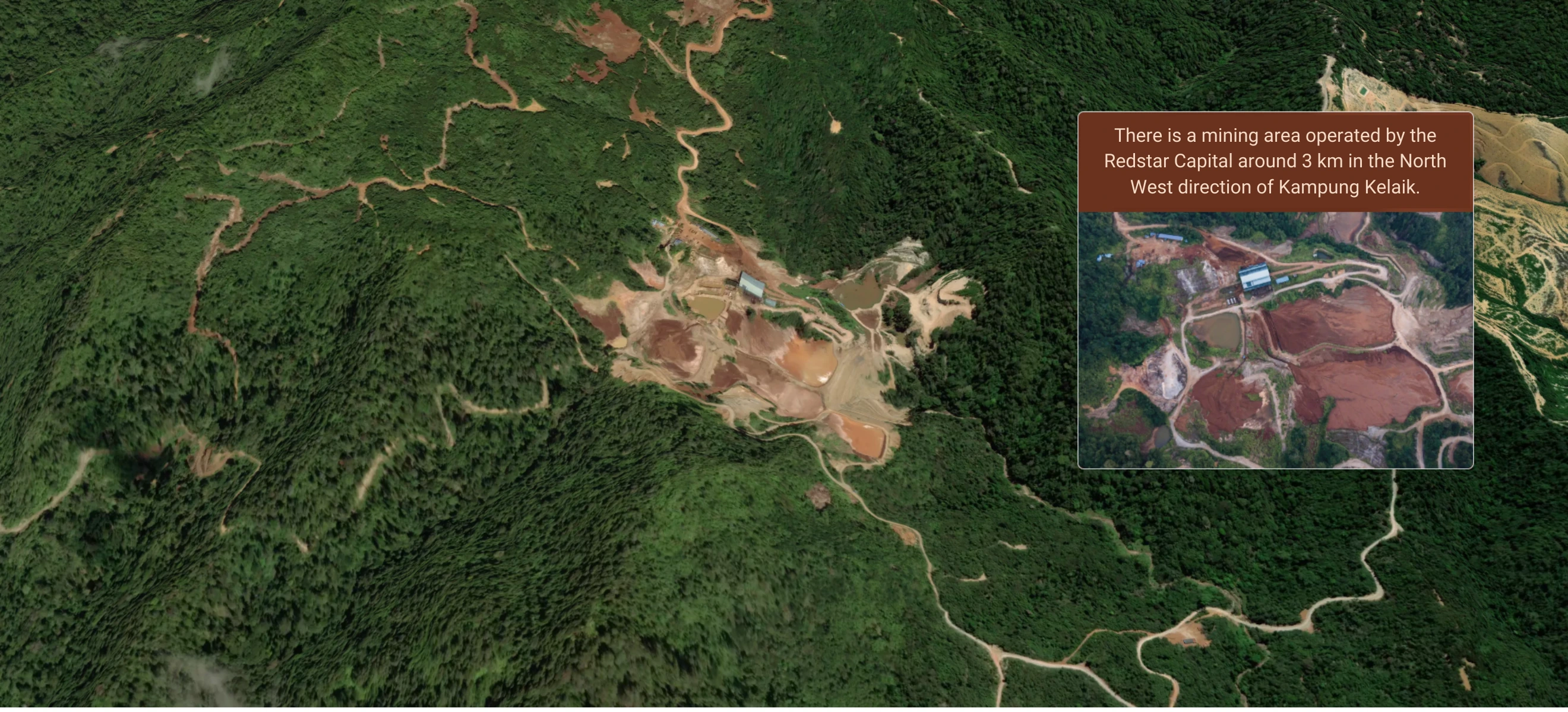 There is a mining area operated by the Redstar Capital around 3 km in the North West direction of Kampung Kelaik. Graphic: Malaysiakini