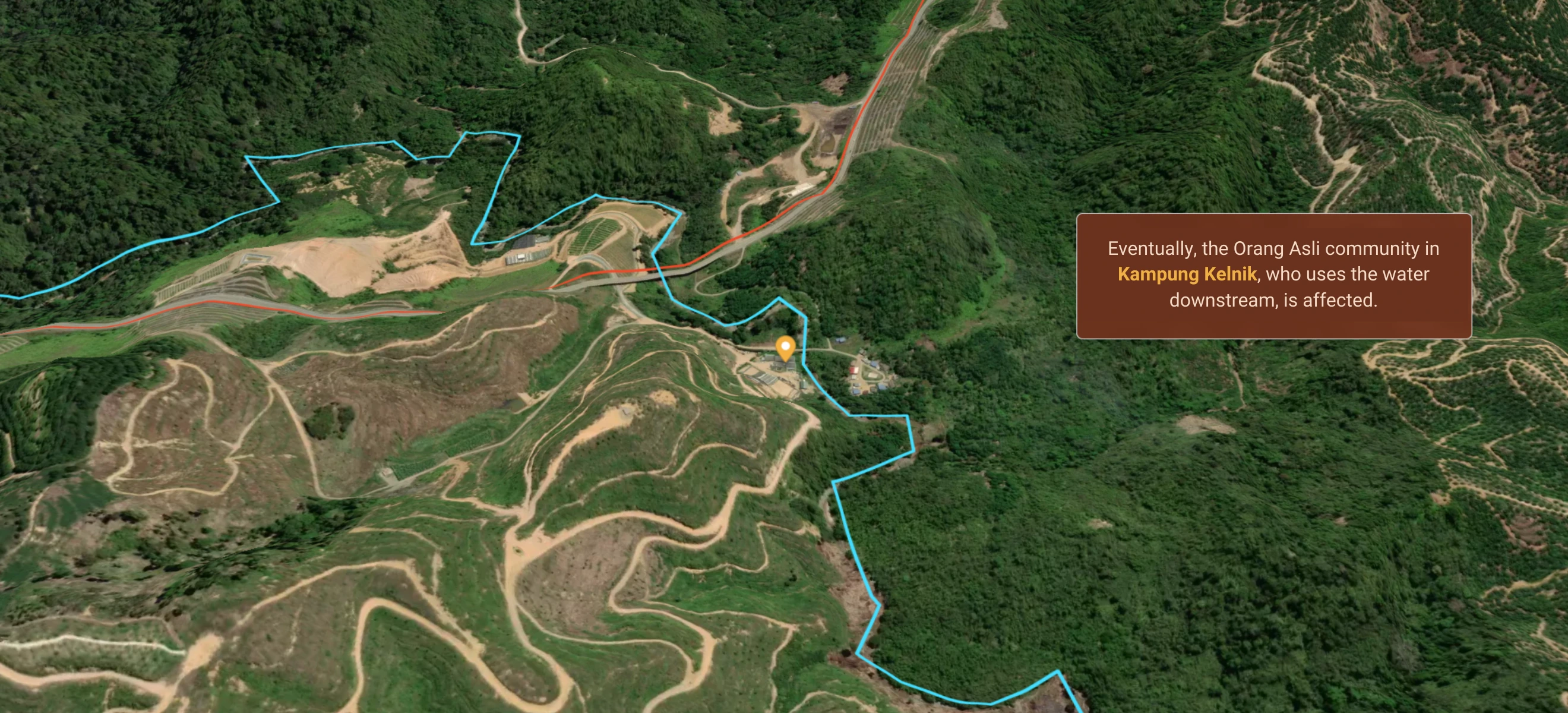 Eventually, the Orang Asli community in Kampung Kelnik, who uses the water downstream, is affected. Graphic: Malaysiakini