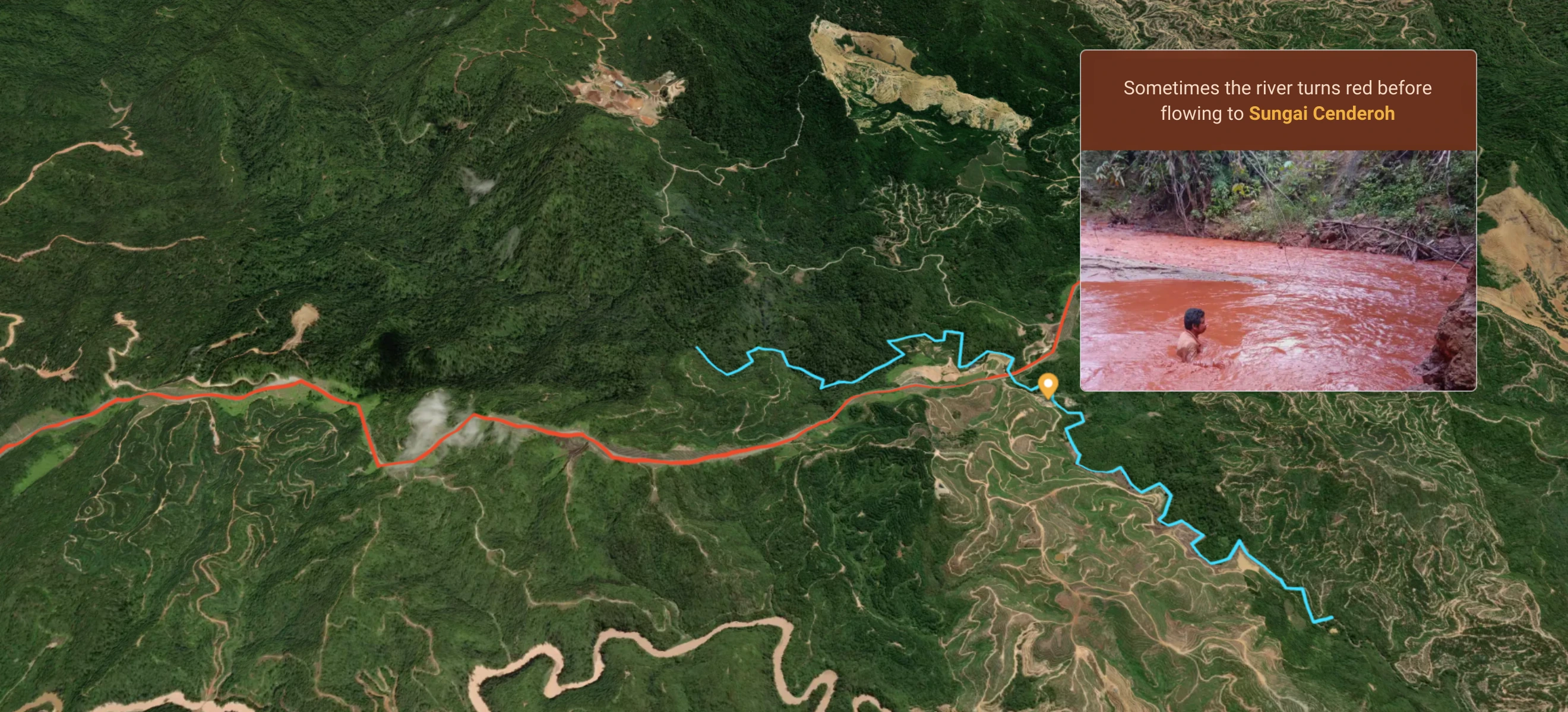 Sometimes the river turns red before flowing to Sungai Cenderoh. Graphic: Malaysiakini