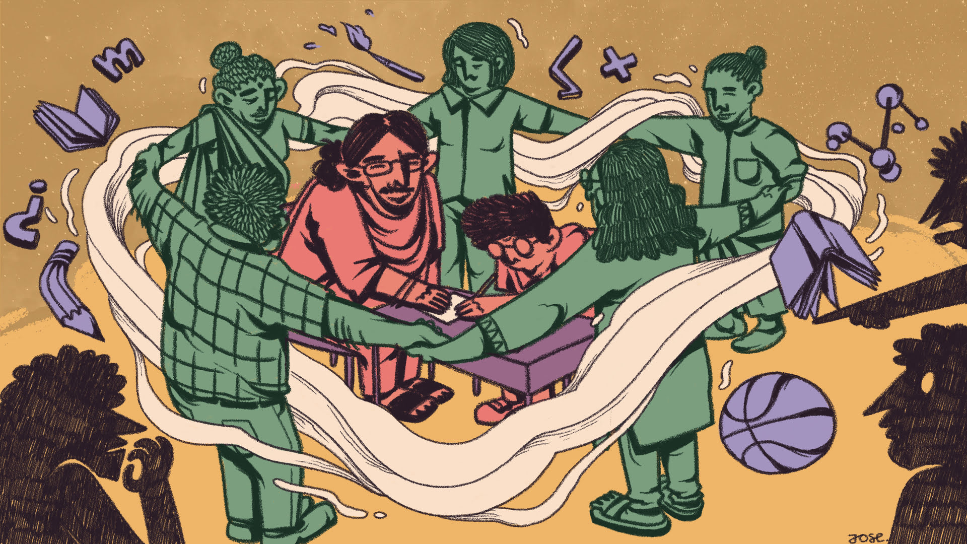 Illustration of a teacher assisting a student, surrounded by a ring of supportive individuals. Illustration: Mia Jose