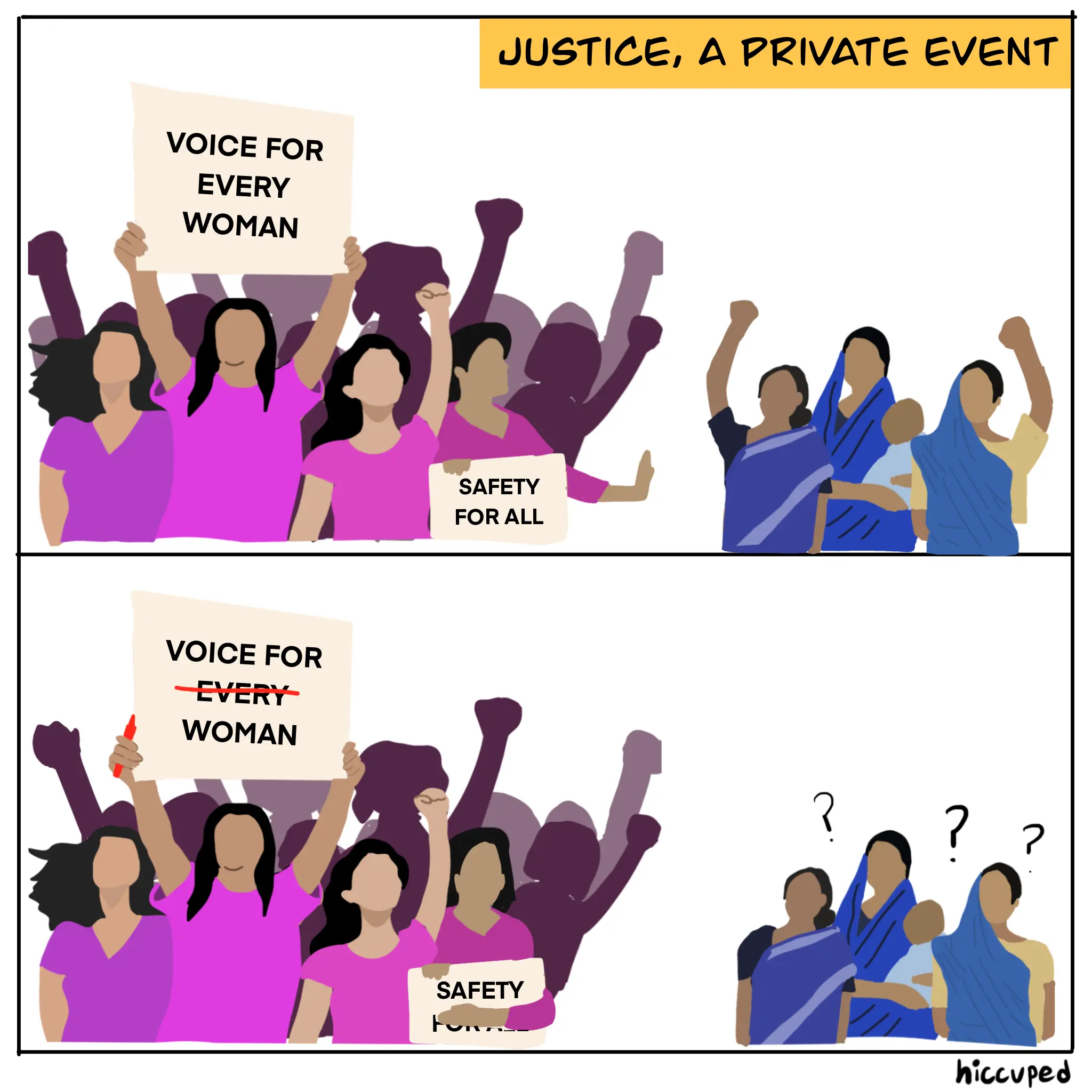 Illustration depicting a women's rights march, but women in traditional clothing (representing women from marginalised sections of the society) are only allowed to watch from the sidelines. Illustration: Sharanya Eshwar 