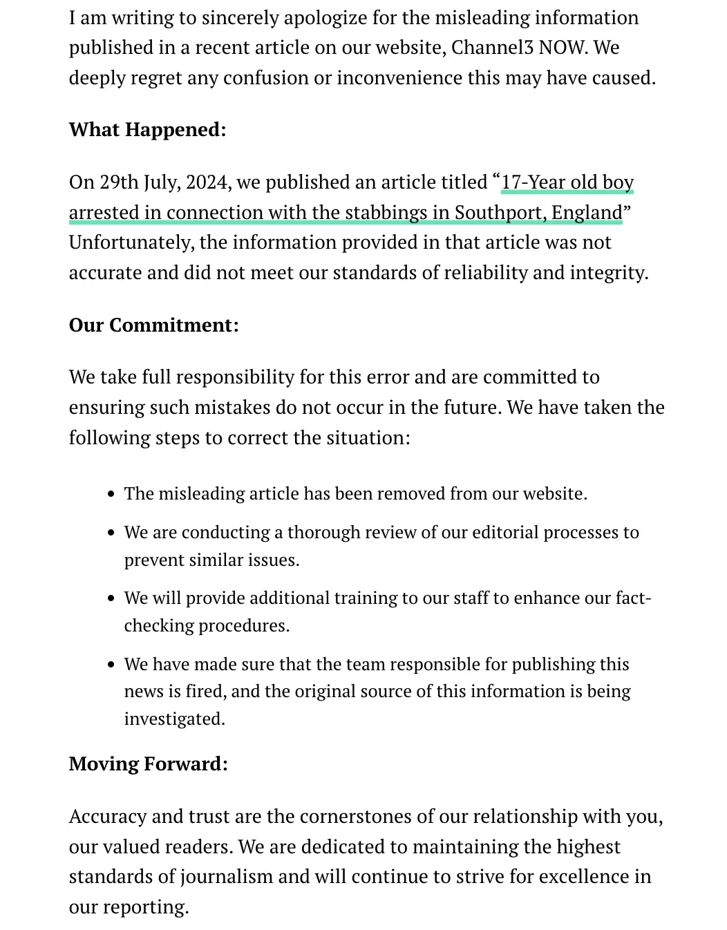 Channel3Now website published an apology titled 'Sincere Apology and Correction Regarding Southport Stabbing Incident'. Photo via archive.is