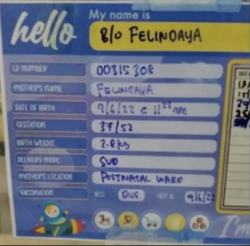 Hospital card identifying Felindaya’s newborn. Photo: Malaysiakini