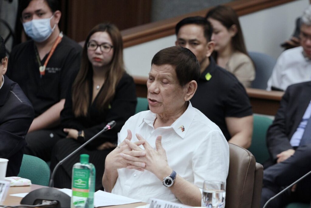 Former President Rodrigo Duterte attends the hearing of the Senate Blue Ribbon Committee probe into the War on Drugs, on October 28, 2024. Photo via Wikimedia Commons.