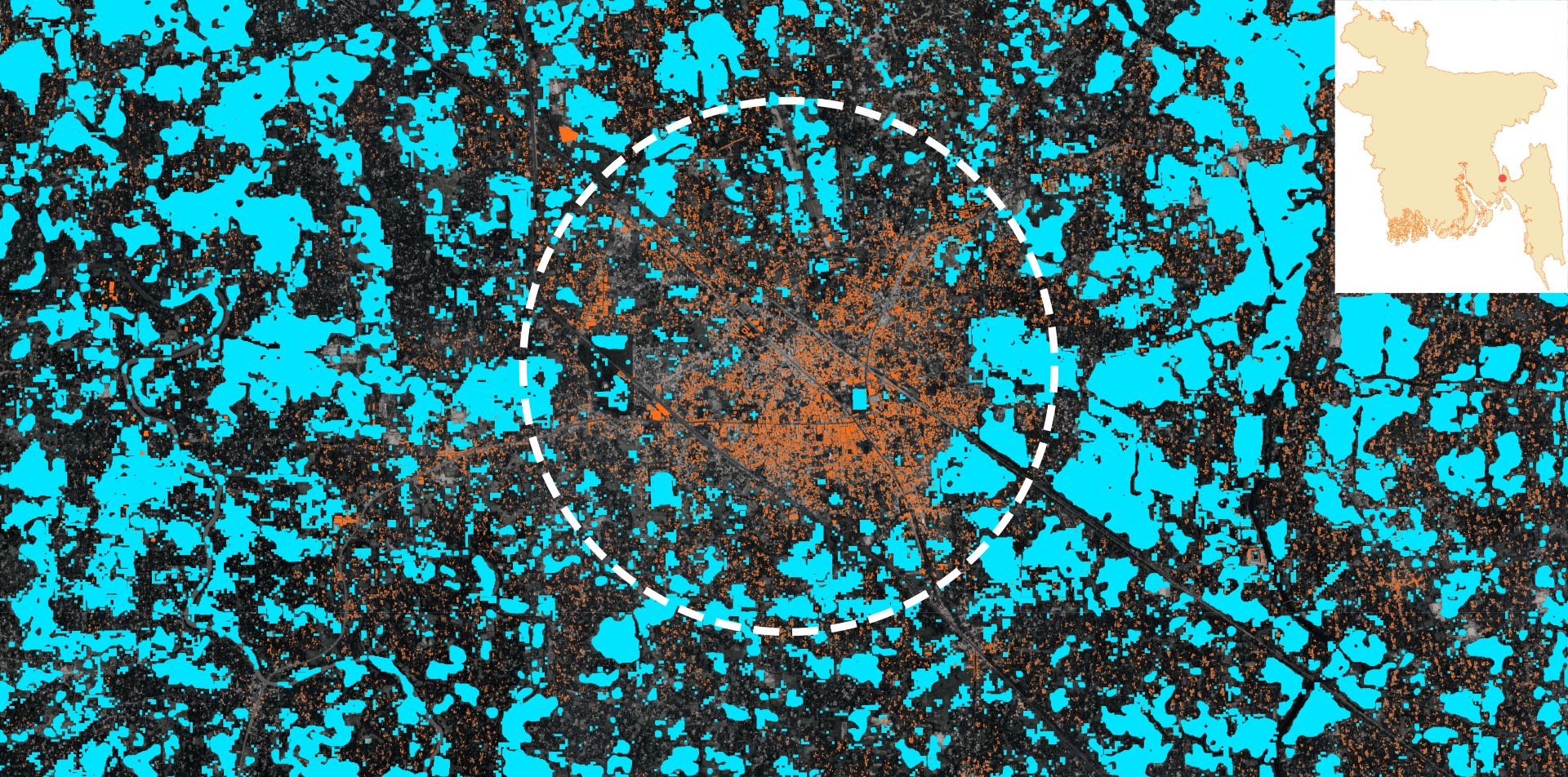 By combining flood extent data from ARIA Water Maps (OPERA Dynamic Surface Water Extent) and the UNOSAT SAR AI model, our analysis shows that at least 8,000 structures in Feni and surrounding areas (orange) with flooded areas (light blue), highlighting the scale of inundation. Credit: Arun Karki