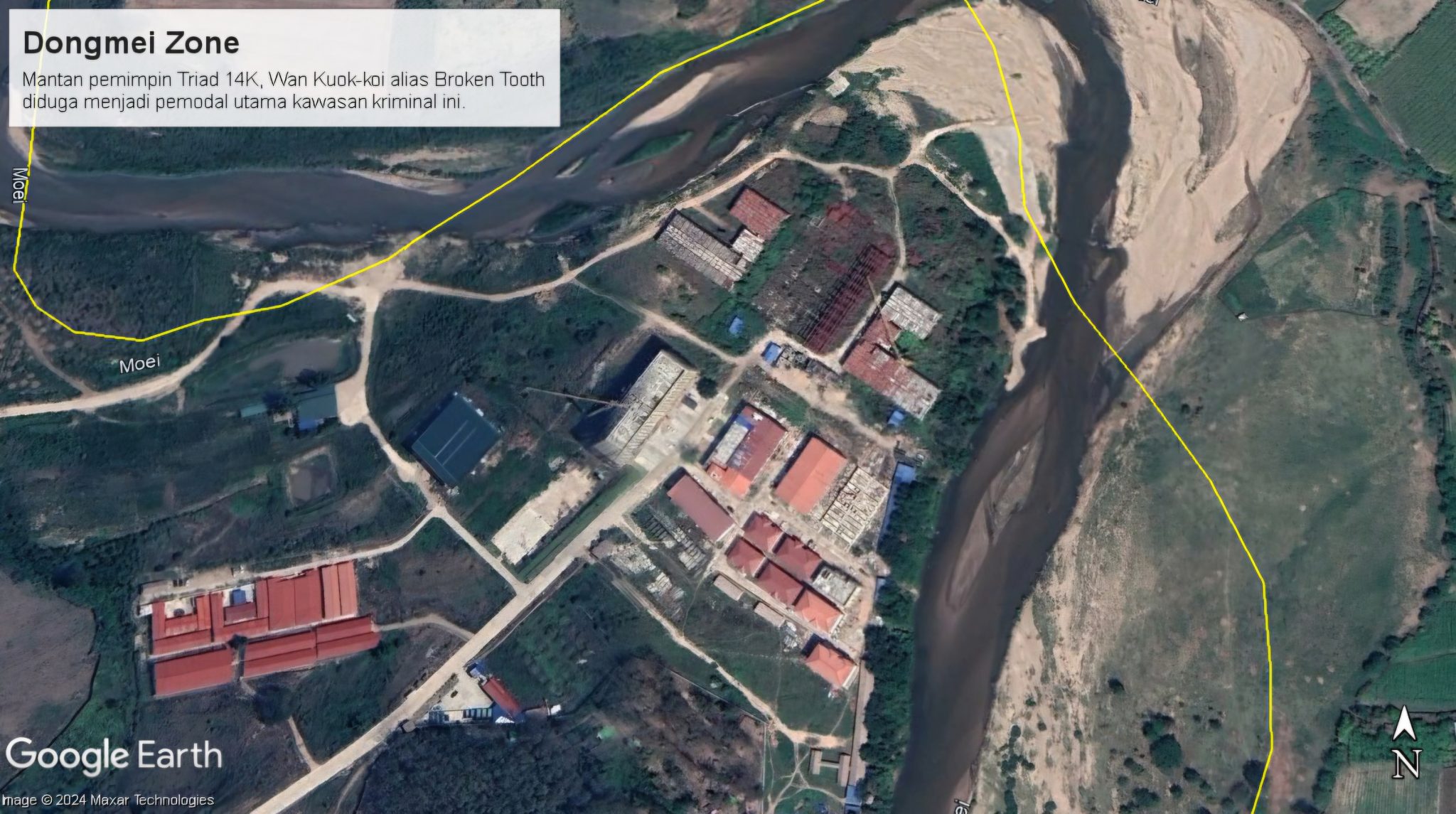 Satellite images of Dongmei Zone, which has become a hub for cyber fraud, online gambling, illegal casinos, and human trafficking in the Myanmar-Thailand border region. (Google Earth)