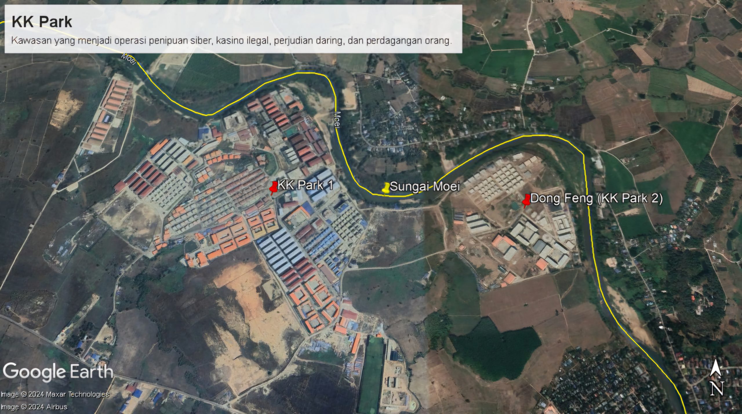 Satellite images of KK Park, an area that has become a base for cyber fraud, online gambling, and human trafficking operations in the state of Myanmar. (Google Earth)