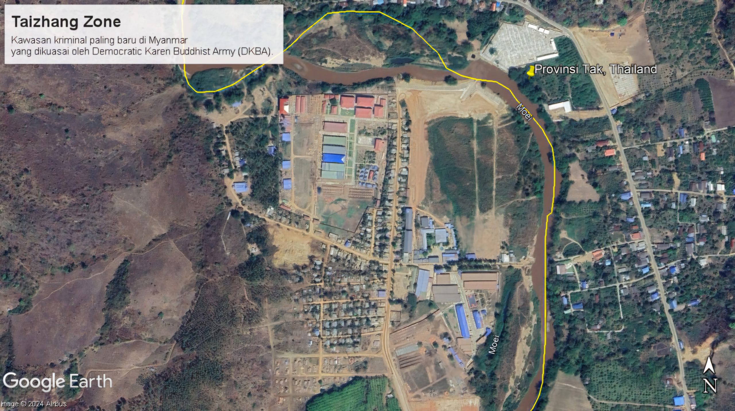 Satellite images of Taizhang Zone, the latest criminal area controlled by armed groups in Karen State, Myanmar. (Google Earth)