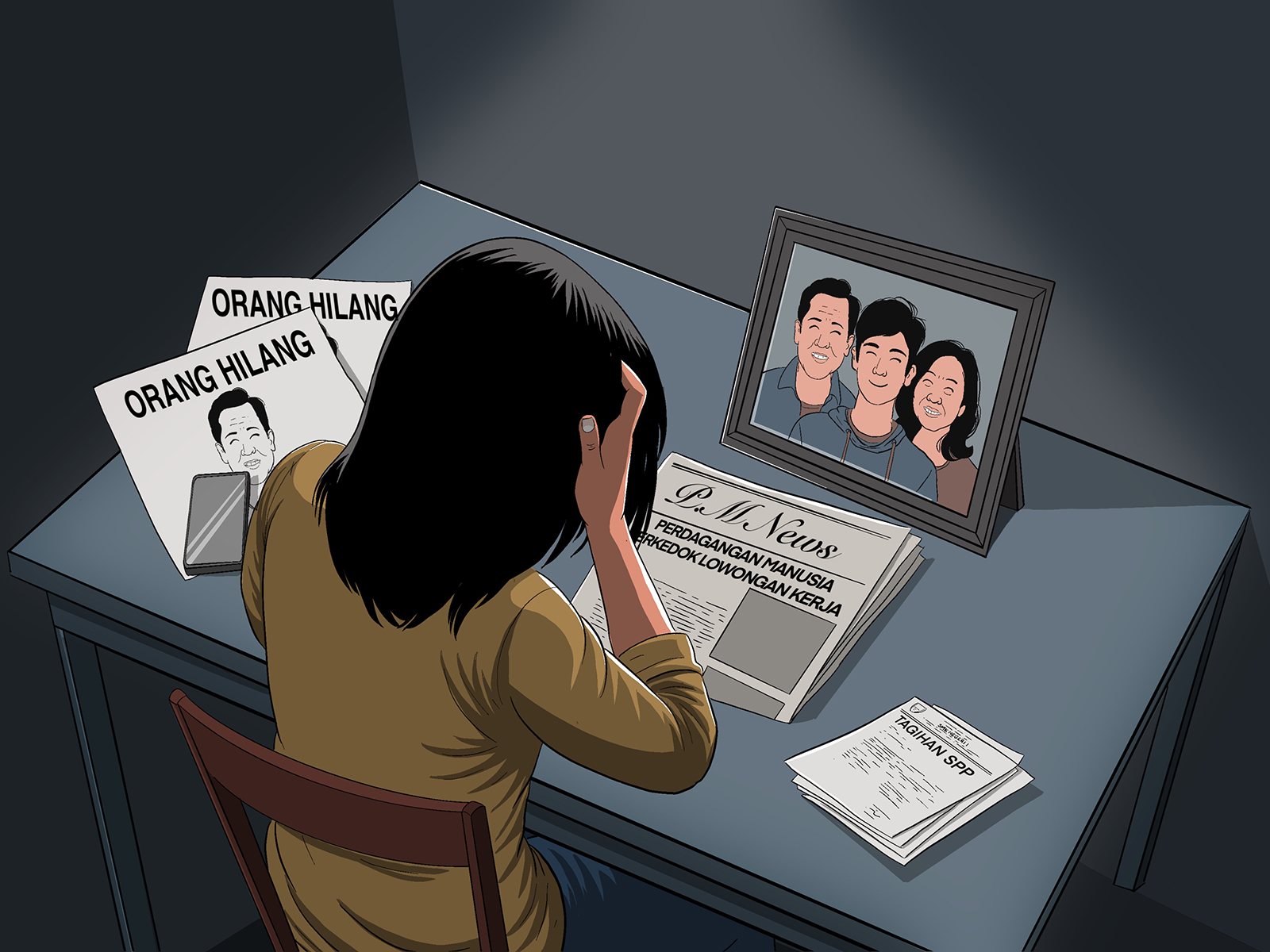 An illustration of the families of human trafficking victims in Myanmar. (Project M/Aan K. Riyadi)