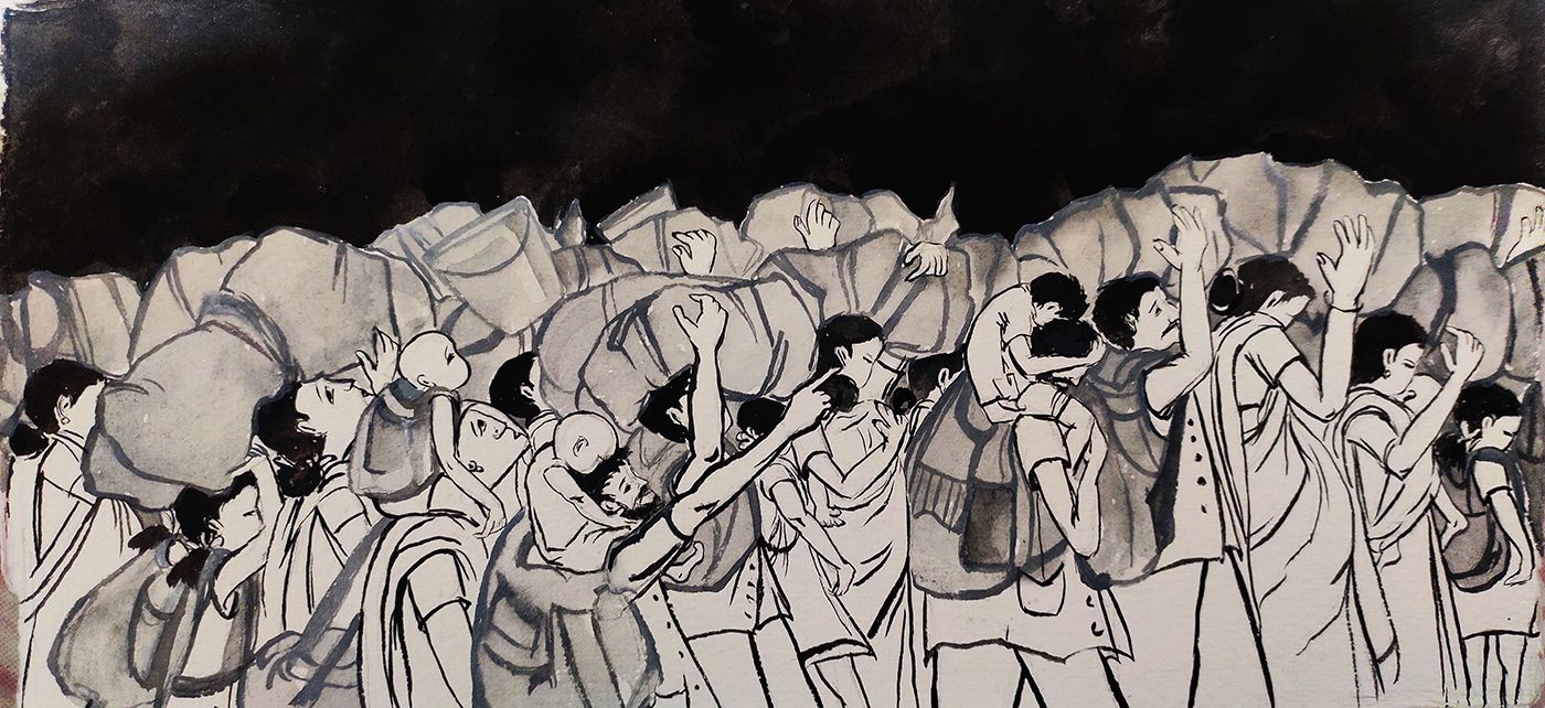 Illustration of Bengali migrant workers by Labani Jangi/PARI