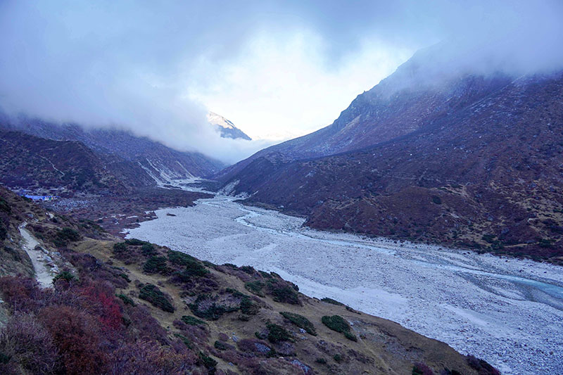 Ghunsa river, which falls along the trekking route, has been widened by floods. Photo: Giriraj Banskota/NIMJN
