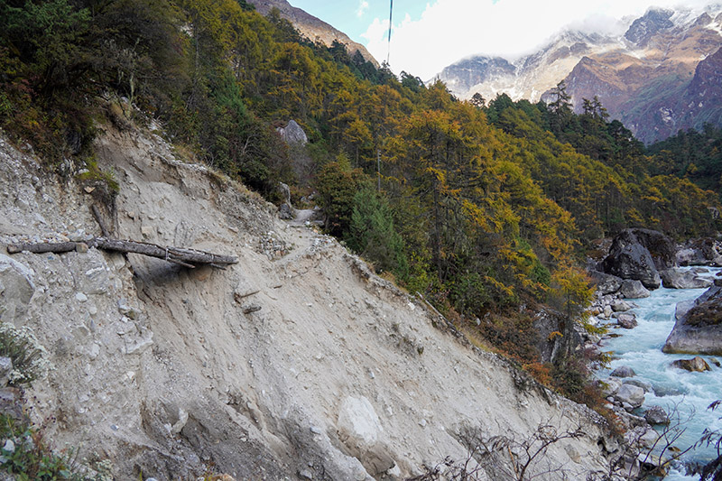 A makeshift wooden crossing built after the path was broken by a landslide. Giriraj Banskota/NIMJN