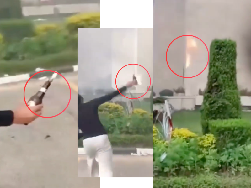 Protesters hurl petrol bombs at the Parliament Building on September 9. This photo was taken from a video found on social media.