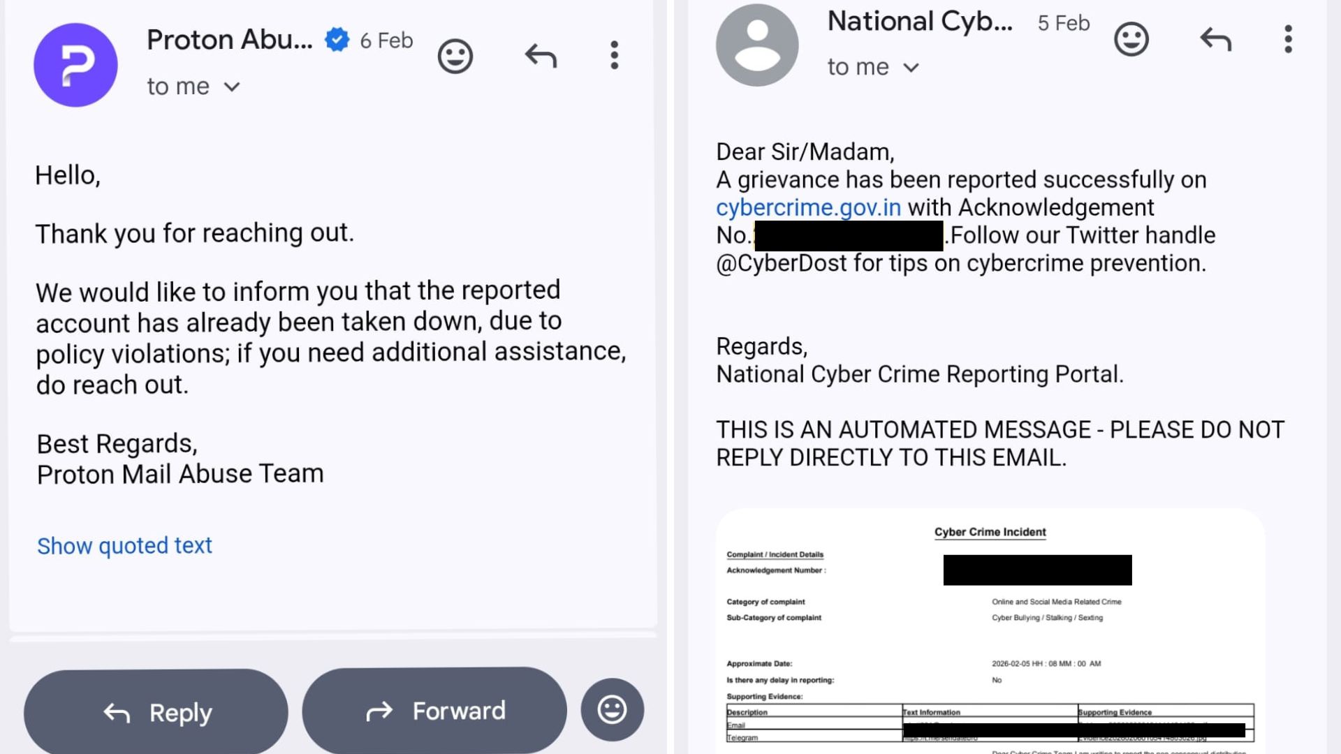 This is a screenshot of the response Dimple Adiwal got from NCCRP and Proton Mail.