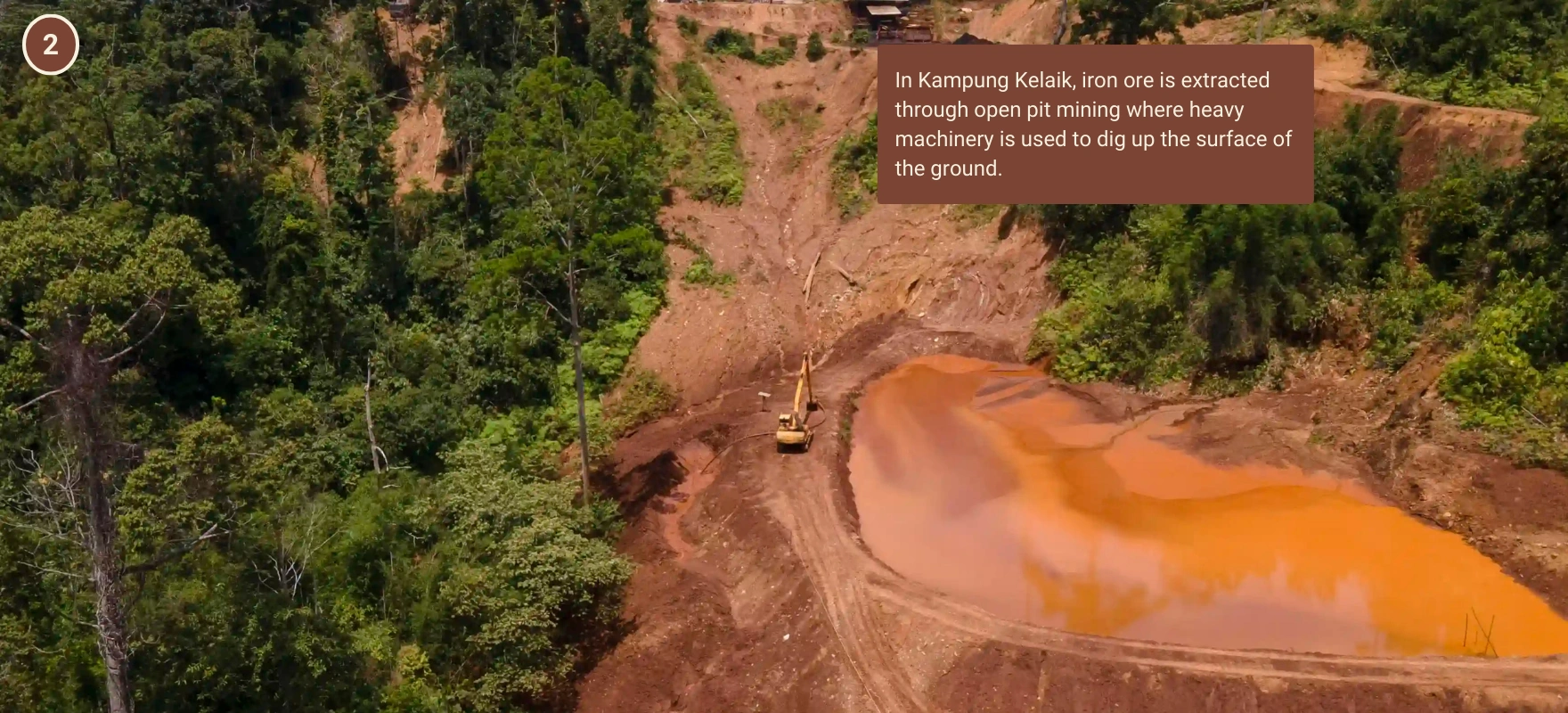 In Kampung Kelaik, iron ore is extracted through open pit mining where heavy machinery is used to dig up the surface of the ground. Photo: Malaysiakini
