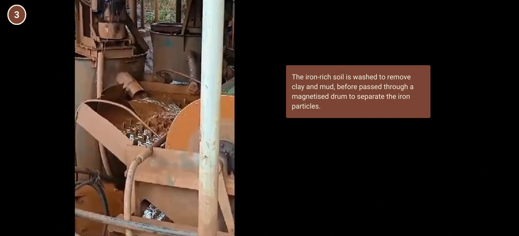 The iron-rich soil is washed to remove clay and mud, before passed through a magnetised drum to separate the iron particles. Photo: Malaysiakini