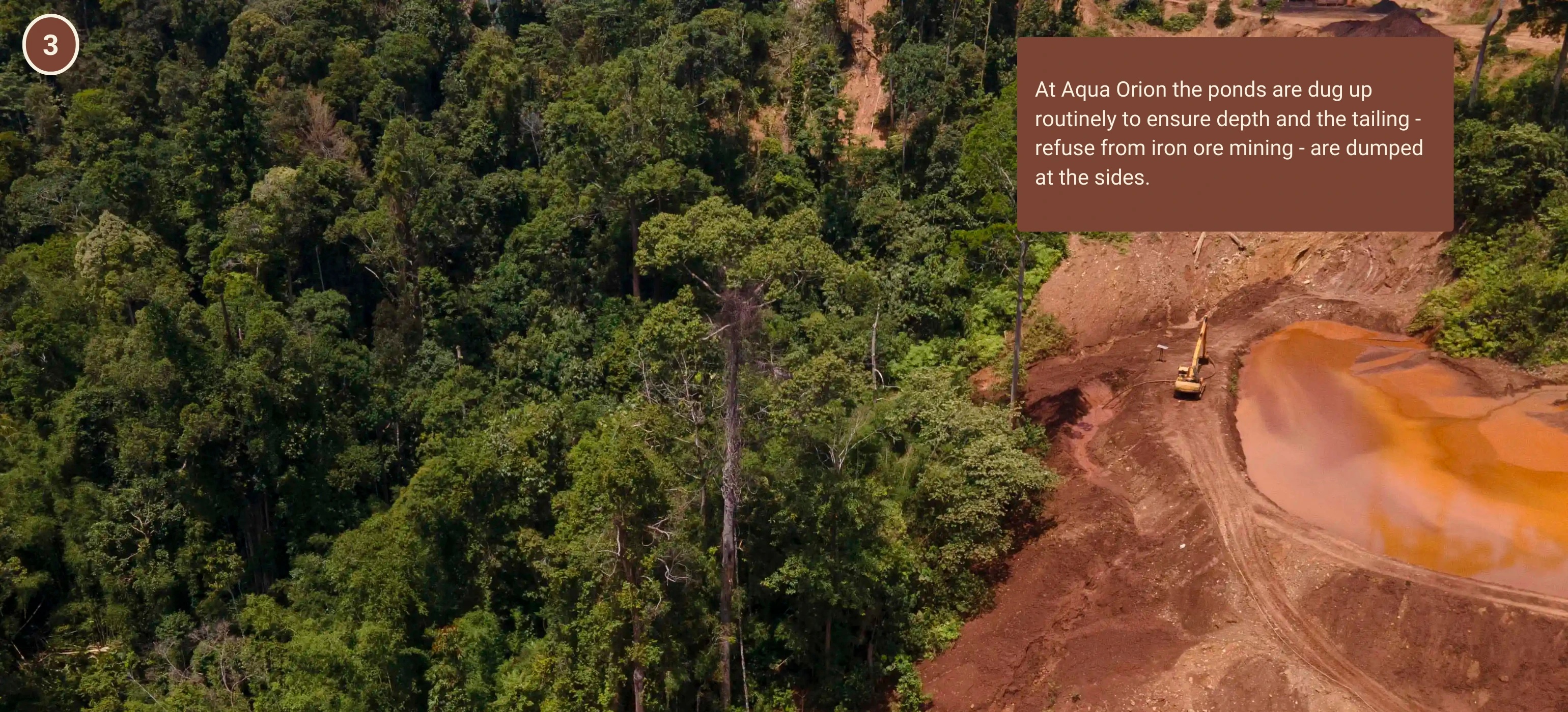 At Aqua Orion the ponds are dug up routinely to ensure depth and the tailing -refuse from iron ore mining - are dumped at the sides. Photo: Malaysiakini