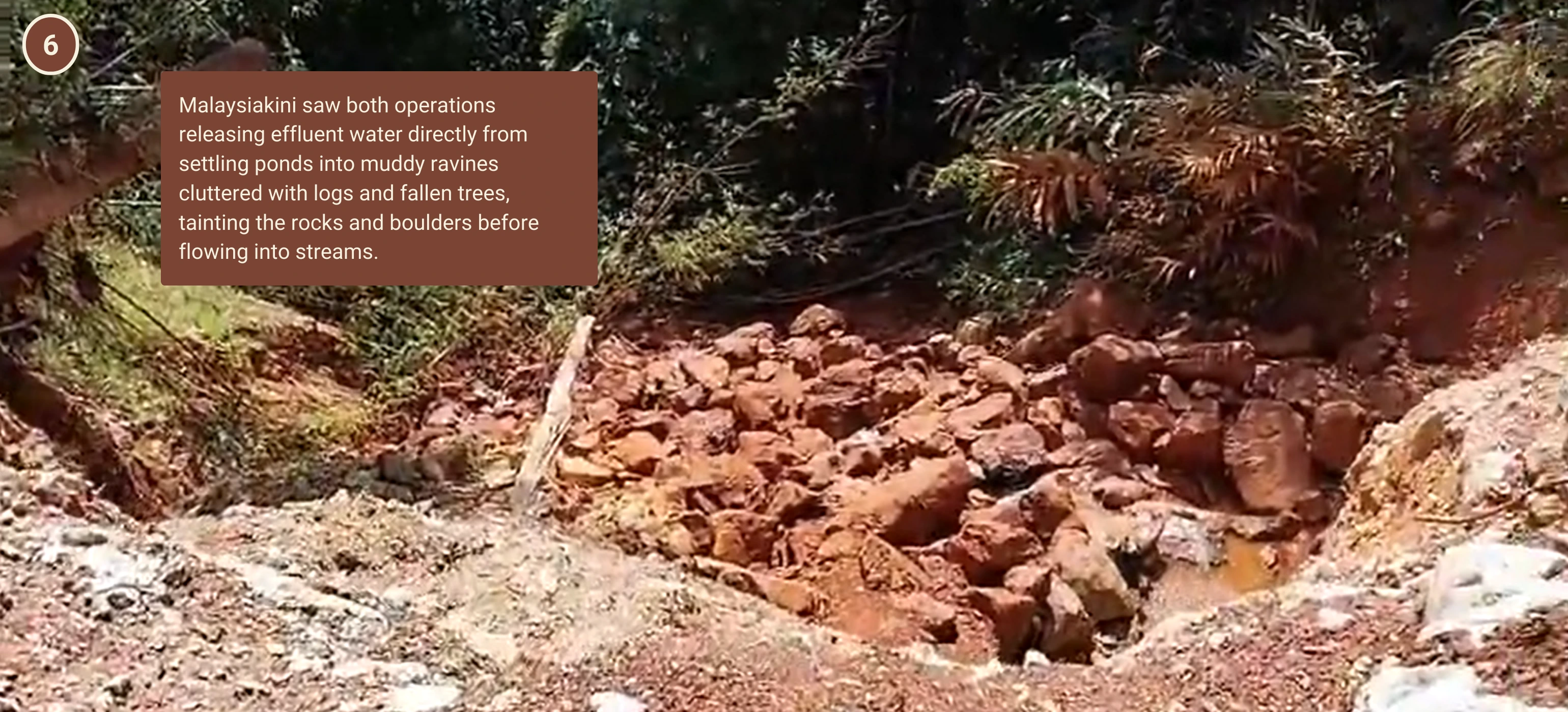 Malaysiakini saw both operations releasing effluent water directly from settling ponds into muddy ravines cluttered with logs and fallen trees, tainting the rocks and boulders before flowing into streams. Photo: Malaysiakini