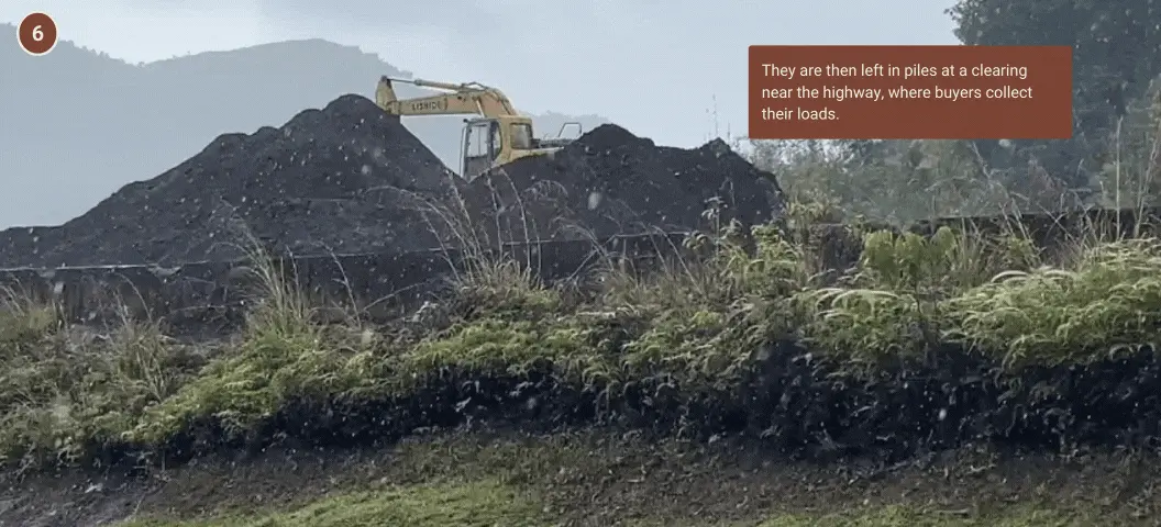 They are then left in piles at a clearing near the highway, where buyers collect their loads. Photo: Malaysiakini