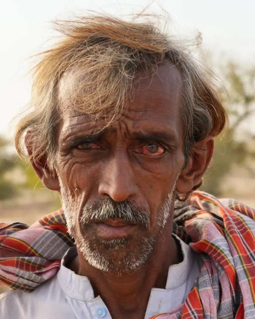 An elderly man with a shrivelled face and blood red eyes showing Portraits of Tharparkar,Pakistan residents fallen ill due to the impacts of coal development. Photo: Usama Irfan/Earthwise
